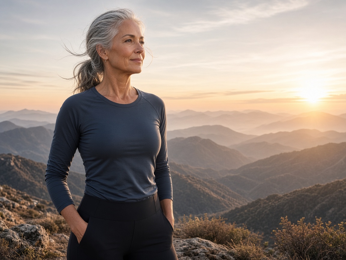 Reife Frau in der Morgensonne in den Bergen, energisch und gelassen
